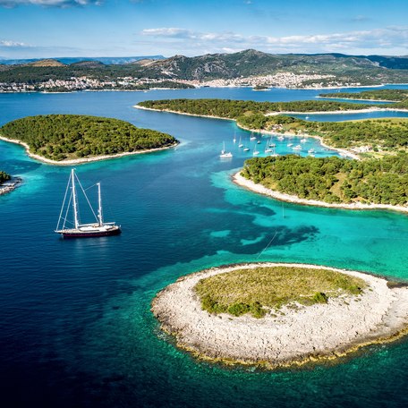 Aerial view looking out over Croatian islands