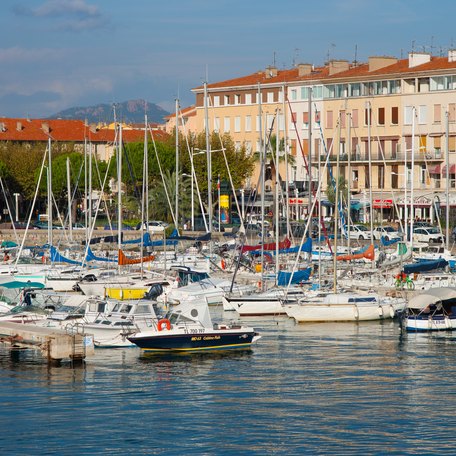 A busy marina in the South of France with many boat charters berthed