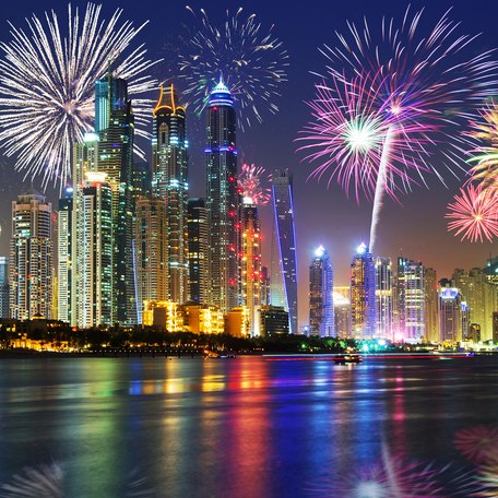 Firework display over the cosmopolitan skyline of Dubai