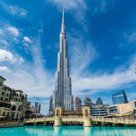 Burj Khalifa, the highest building in the world, on a beautiful day, Dubai, United Arab Emirates