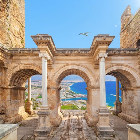 Overview of Hadrian`s Gate, entrance to Antalya, Turkey