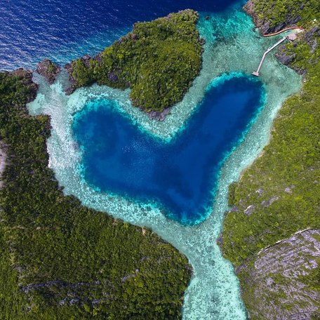 Aerial shot of Love Lagoon's heart-shaped waters