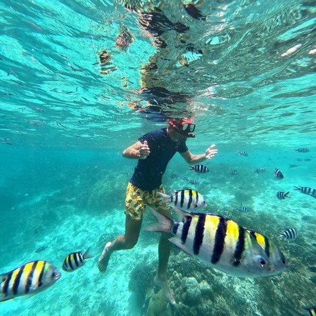 Man in turquoise water snorkeling with fish 