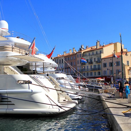 Charter yacht berthed in St Tropez Harbour