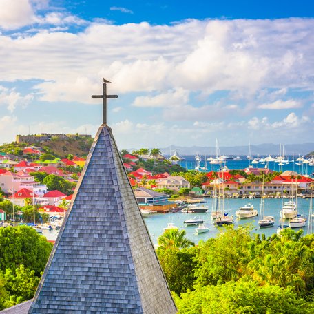 St Barts church steeple looking out over Gustavia Harbor, St Barts