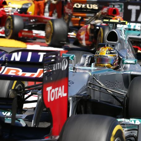 Close up of a group of Formula One race cars during the Monaco Grand Prix