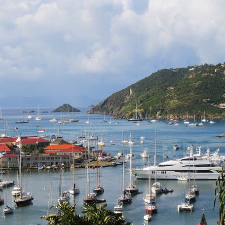 Elevated view looking down over Gustavis Harbor, St Barts