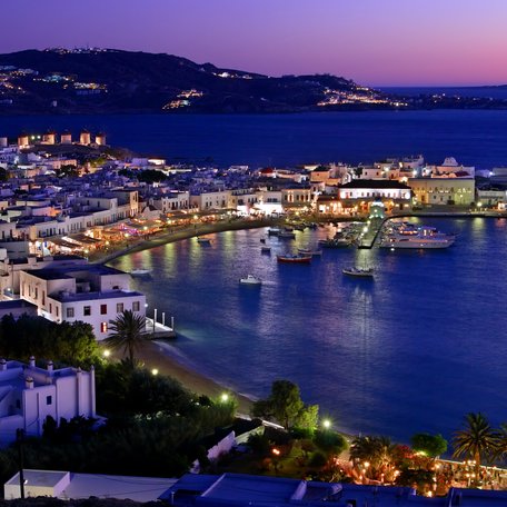 Elevated view of the Mykonos coastline at night