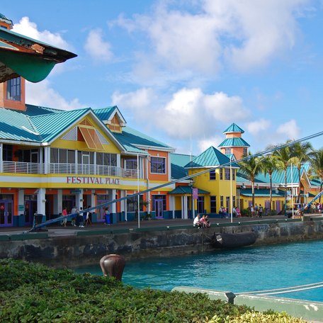 Colored buildings on the shoreline of Nassau, Bahamas.