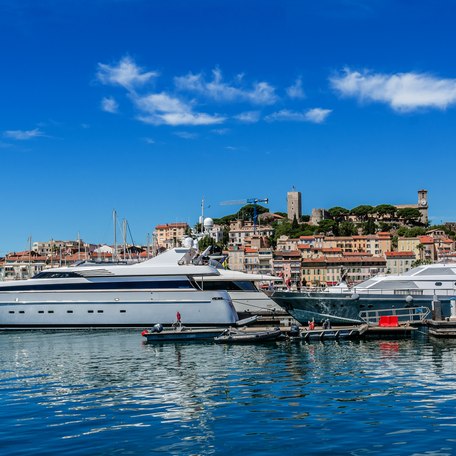Yacht charters berthed in Cannes, with the old town visible in the background