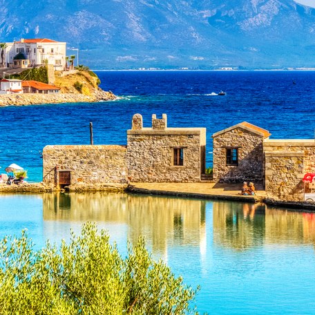 Rustic Turkish buildings by a lake