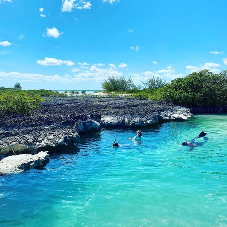 Group of people scuba diving in the reef's turquoise blue waters 