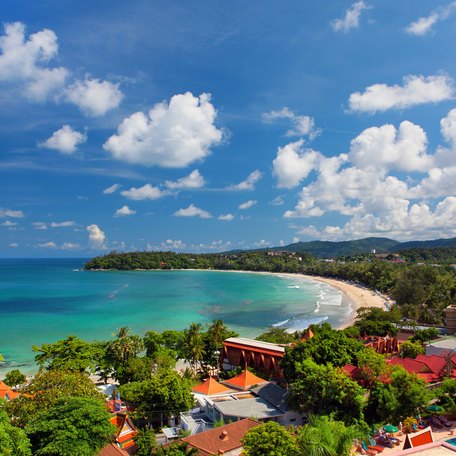 Elevated view looking down over Kata Beach in Phuket.