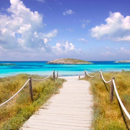 A path leading to a sandy beach on the island of Ibiza