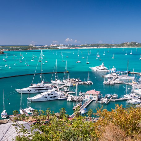 Overview of a busy marina in the Caribbean 