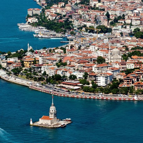 Aerial view looking down at the coast of Istanbul