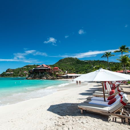 Sun loungers on a beach on Saint Barts