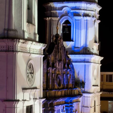 Panama Cathedral's towers at night 