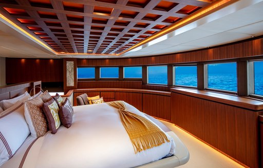 owners suite on luxury yacht tsumat, with panoramic views