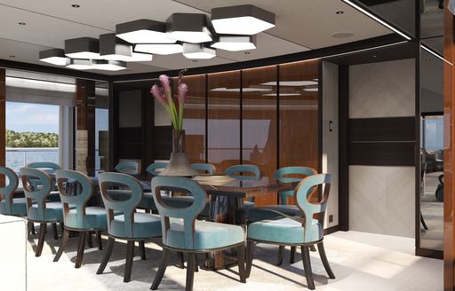 Dining area onboard charter yacht SOLEMATES