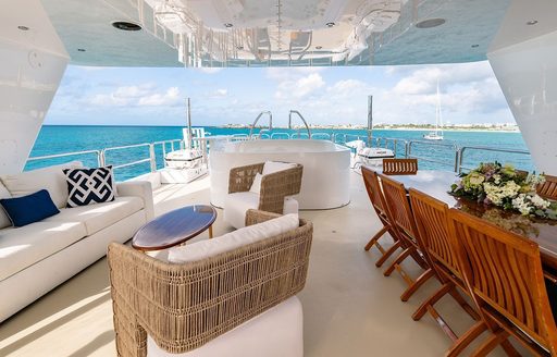 Charter yacht SEA CLASS exterior seating area under hardtop