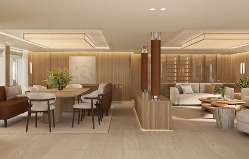 Interiors onboard charter yacht SEAWOLF X, lounge and dining areas in neutral colors