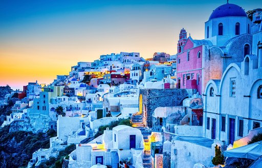 Traditional Greek village La Oia on Santorini island in dusk