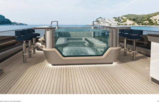 Deck Jacuzzi and surrounding stool seating onboard yacht charter AKULA