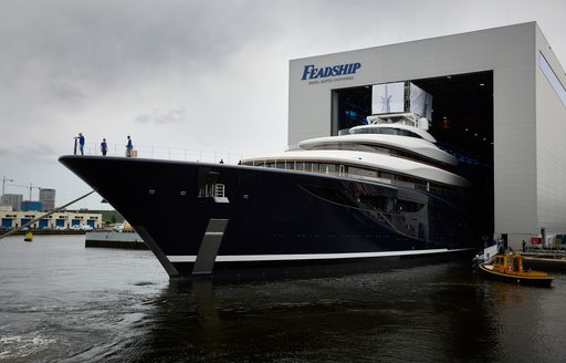 Superyacht Project 821 emerging from Feadship construction shed 