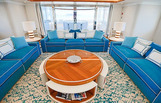 Aqua blue interiors of Mimtee charter yacht