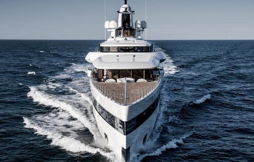 Charter yacht Lady S cutting sharply through the water while underway