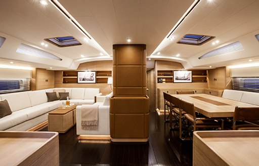 main salon of beautiful teak on board sailing yacht SHAMANNA 