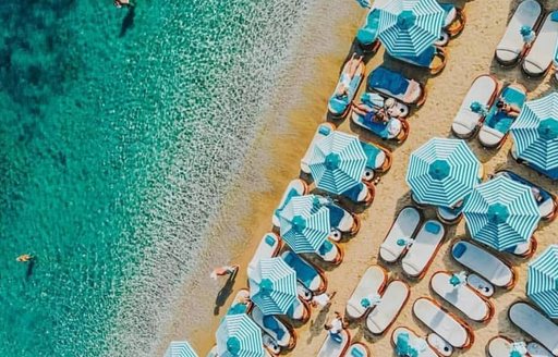 Mykonos - Psarou Beach loungers aerial view