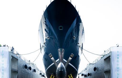 Charter yacht ANGELIQUE view of bow from ground
