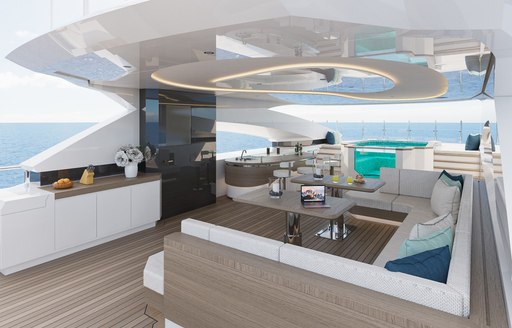 Overview of the sun deck onboard superyacht charter ETERNAL SPARK, with Jacuzzi in the background and lounge seating forward