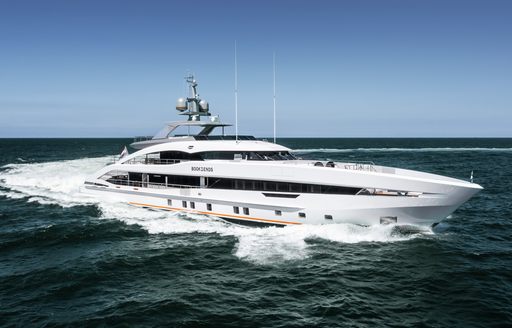 Superyacht BOOK ENDS underway, surrounded by sea