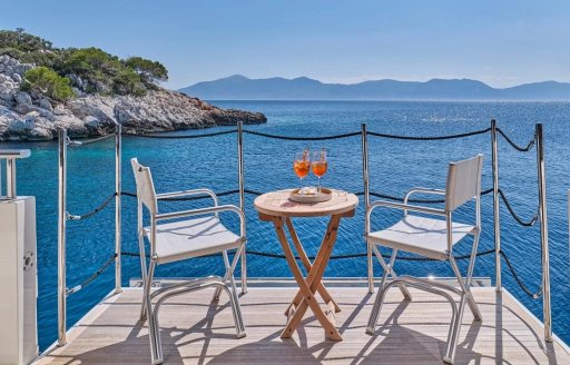Charter yacht WOMBAT fold-down balcony with director's chairs