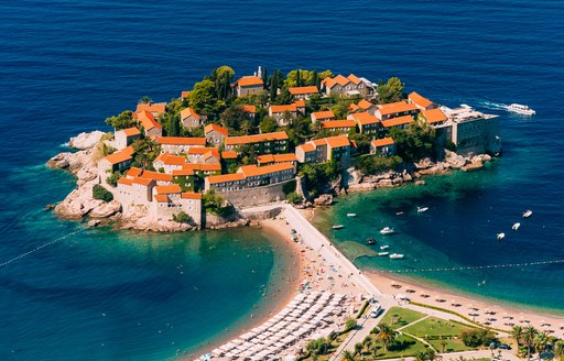 Elevated view looking down on Sveti Stefan Island, Montenegro