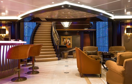 Steps leading to main salon on Lurssen superyacht KISMET, star of new Michael Bay movie