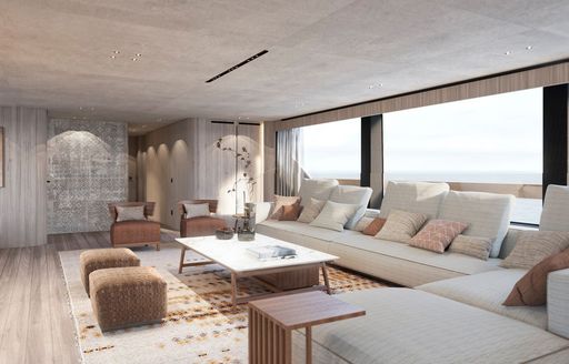 Rendering of the main salon lounge onboard charter yacht ANDIAMO with plush sofas and large windows aft