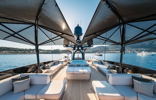 Charter yacht DB9 exterior deck with canopies up