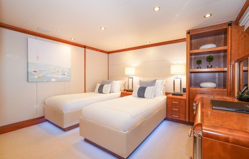 Twin beds on cabin on superyacht ZEAL