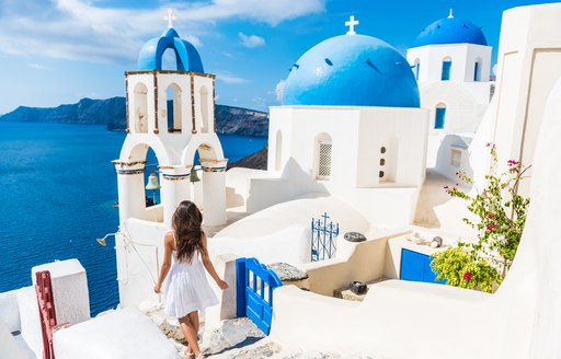 White buildings and blue roofs in Santorini, Greece