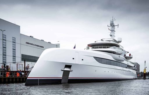 Luxury yacht EXCELLENCE leaving Abeking and Rasmussen facilities