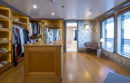 Walk-in wardrobe and windows onboard charter yacht BOADICEA