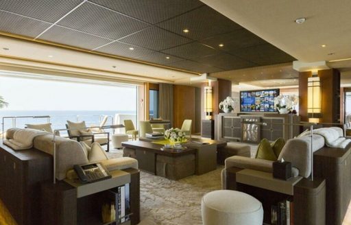 Overview of the main salon onboard yacht charter NIRVANA