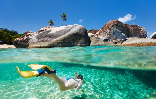 Snorkeler at The Baths on Virgin Gorda in the BVIs, Caribbean