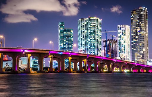 Miami skyline at night with neon lights