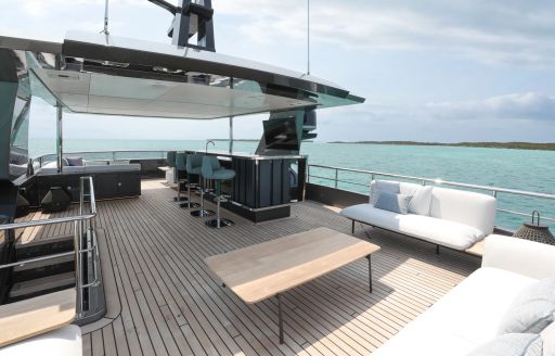 Overview of the sun deck onboard charter yacht A SALT WEAPON