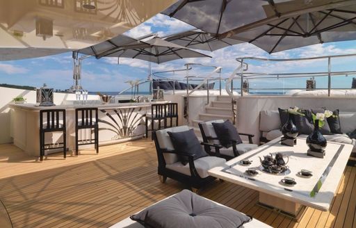 Superyacht Silver Angel outside dinner area on sundeck